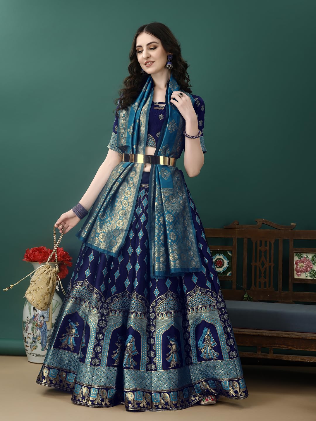 SWAMI STUDIO traditional womens wear banarasi silk lehenga choli (N.BLUE FIROZI)