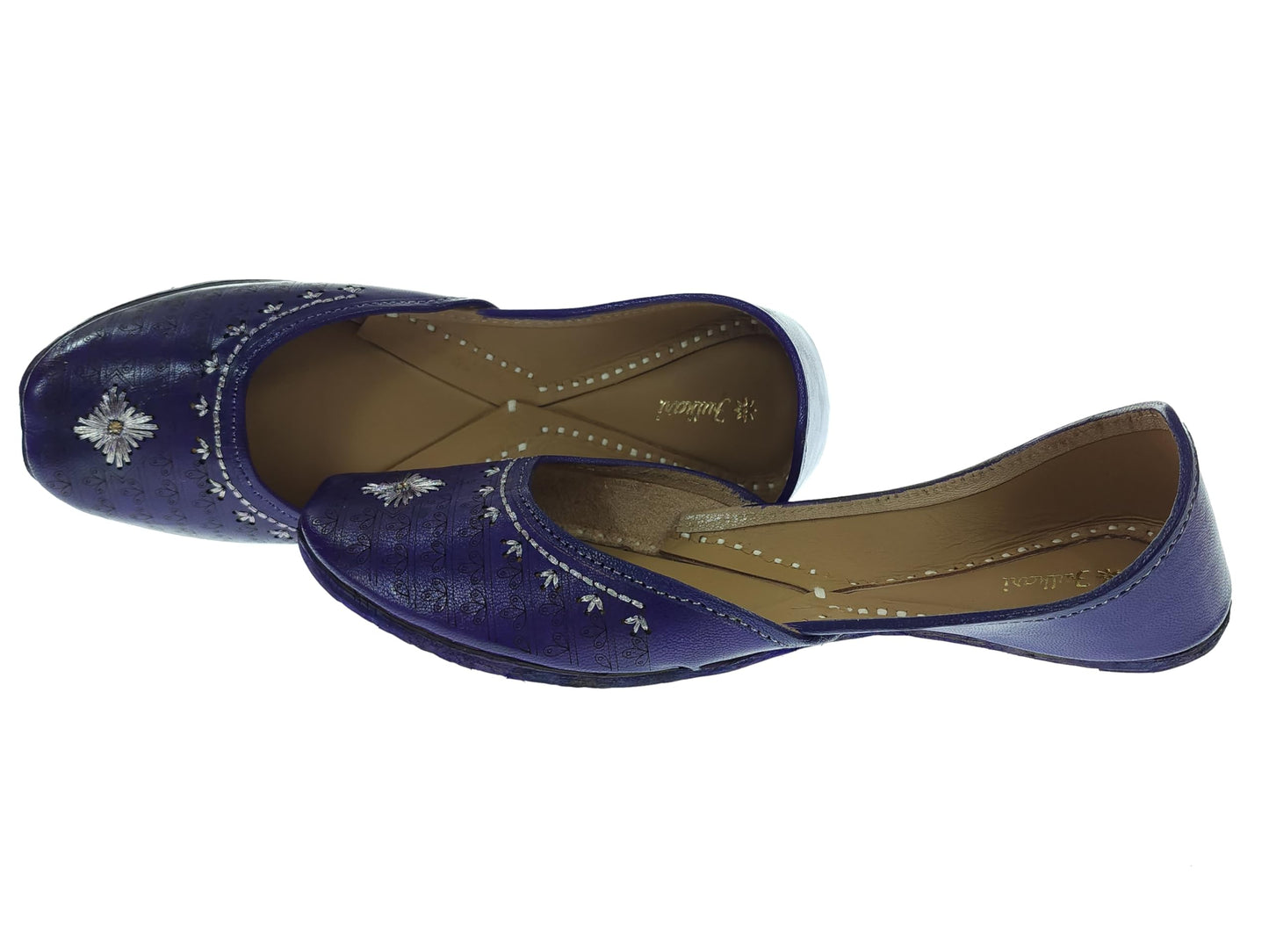Fulkari Women's 3D Daimond Blue Gold Zarriwork Genuine Soft Leather Jutis | Bite and Pinch Free Juttis | Punjabi Jutti | Girl's Office Flat Ladies Mojari | dailywear Ethnic Juti | 36