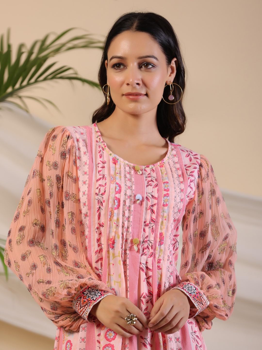 Juniper Pink Wonderland Floral Printed Pure Cotton Midi Dress with Pintucks & 3D Handwork for Women