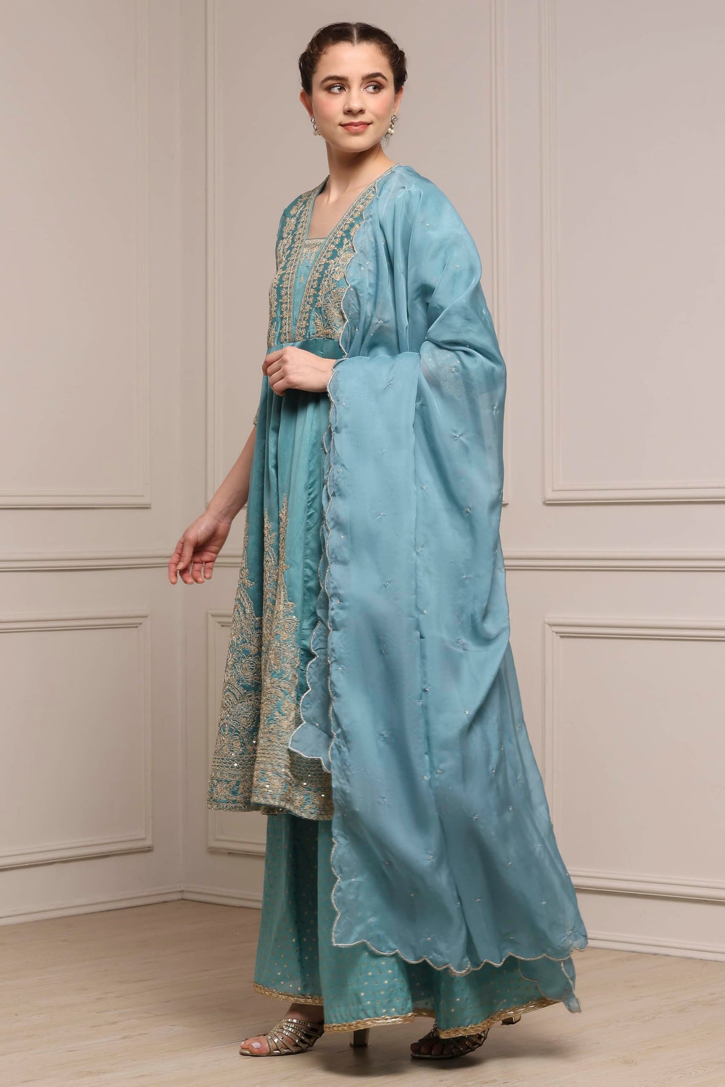 Biba Women Blue Silk Chanderi Anarkali Suit Set_34