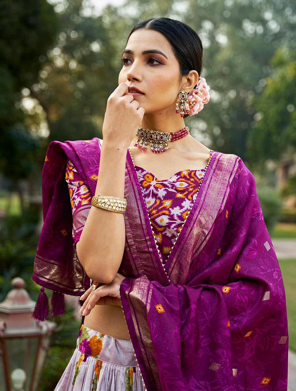 Snazzy Stitch Women Tussar Silk With Patola Print And Foil Work Lehenga choli (Purple)