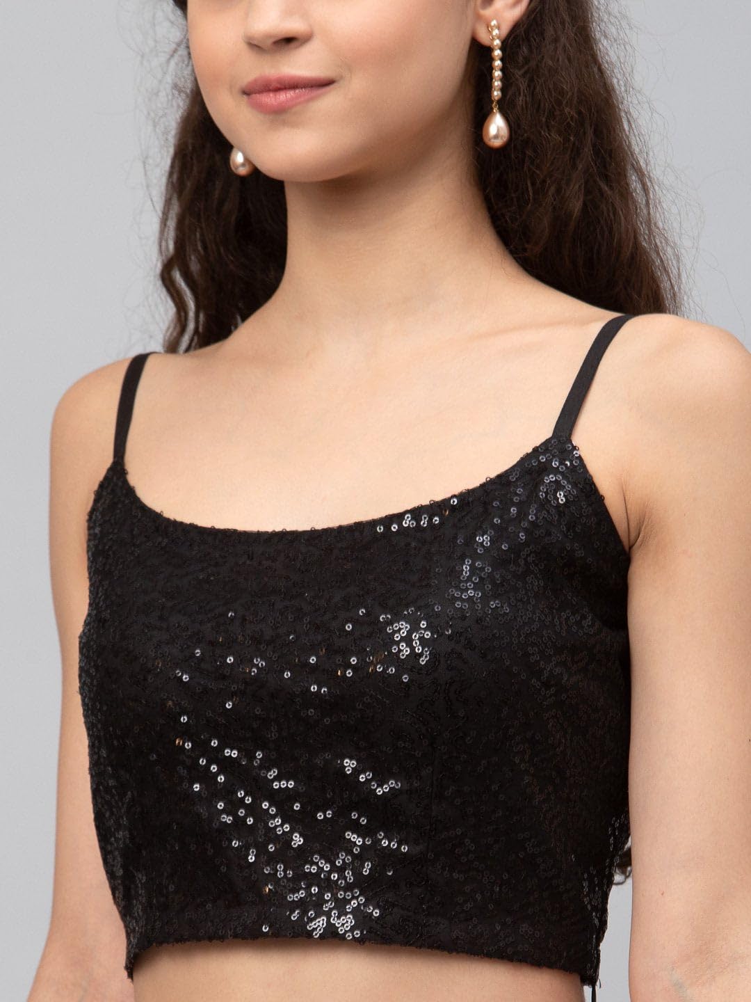 studio rasa Women's Plus Size Net Sequins Embroidered Spaghetti Readymade Saree Blouse for Wedding Party Festive (TPWC22121-2XL_BLA_Black_2X-Large)