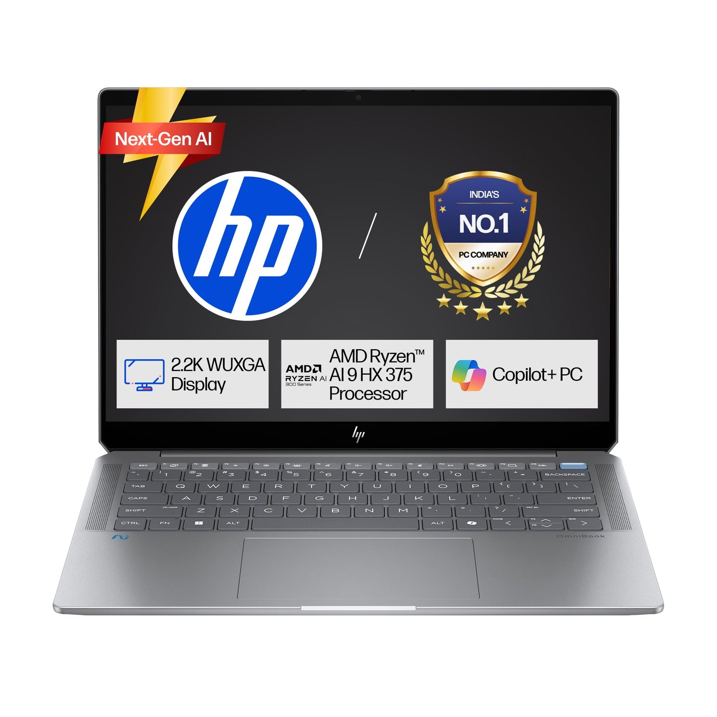 HP OmniBook Ultra, AMD Ryzen AI 9 HX 375 Next Gen AI Laptop, (32GB LPDDR5X,1TB SSD), 2.2K, Anti-Glare,14''/35.6cm,Win11, M365, Copilot+,Office24, Silver,1.57kg, 5MP Camera w/Privacy Shutter, fd0009AU