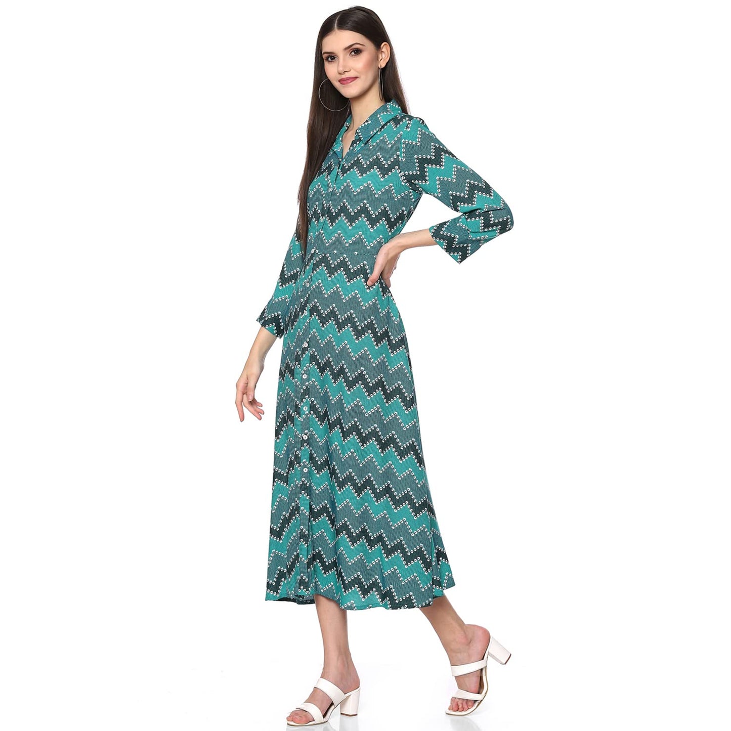 BIBA Women's Green Turquoise Rayon A-Line Printed Dress