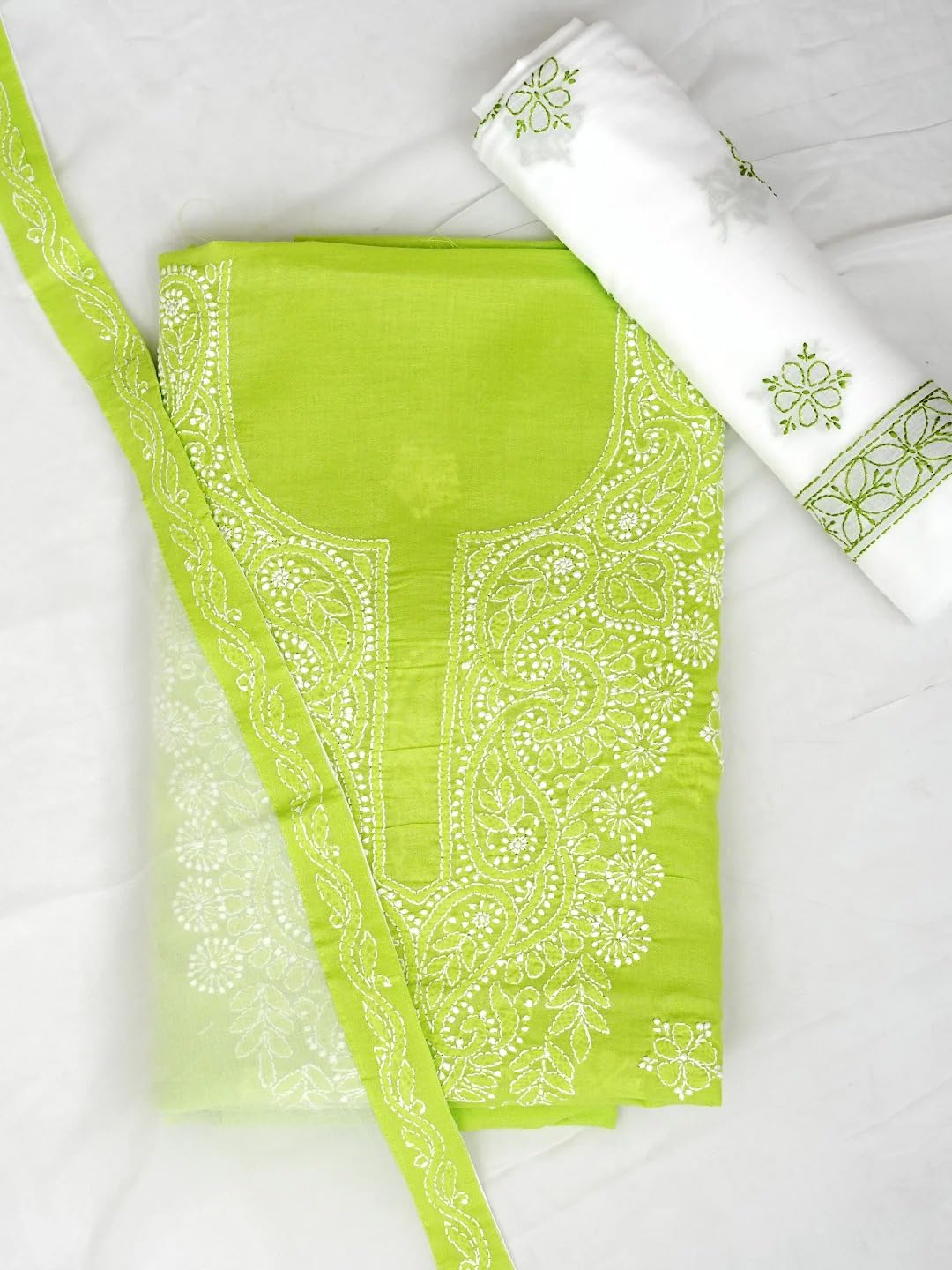 Ada Hand Embroidered Lucknowi Chikankari Unstitched Cotton Dress Material Suit Piece with Dupatta for Women A211365 Green