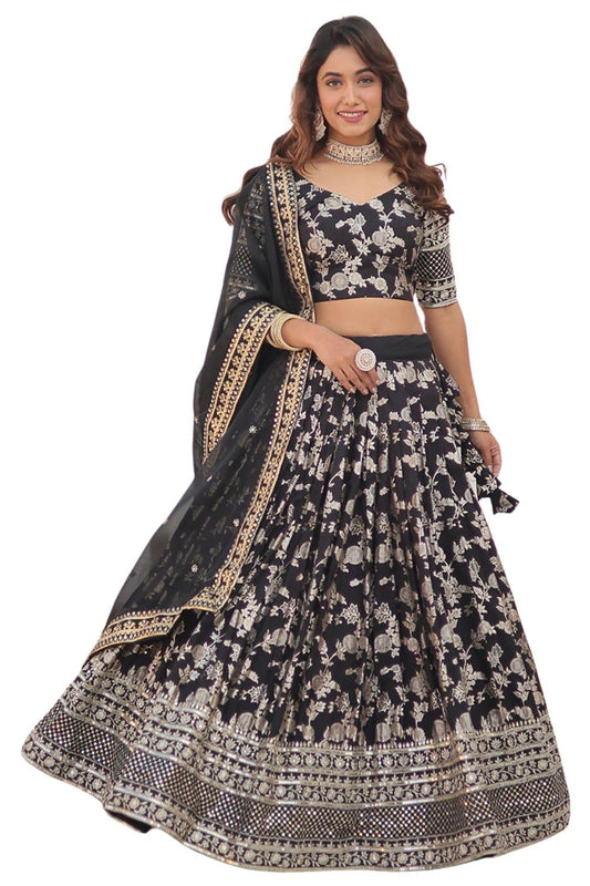 NONITA FASHION Black Georgette Lehenga, Floral Jacquard Embroidery, Mirror Work