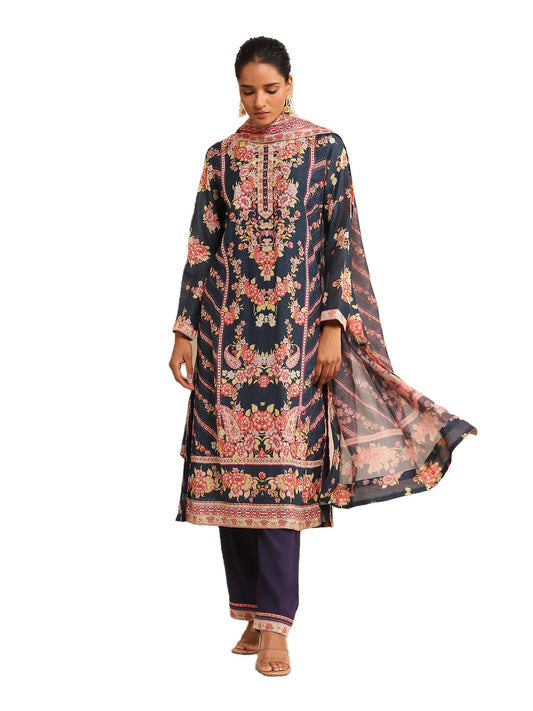 Ritu Kumar Navy Floral Print Chanderi Kurta With Palazzo And Dupatta