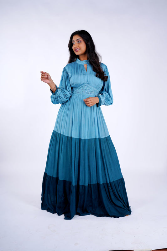 KIYANA'S Women's Chinnon Silk Two Piece Traditional Outfit with 3 Blue Shaded Long Gown with Puffed Sleeves & Neck Band Boutique Dress, (Color:- Blue, Size:- 3XL)