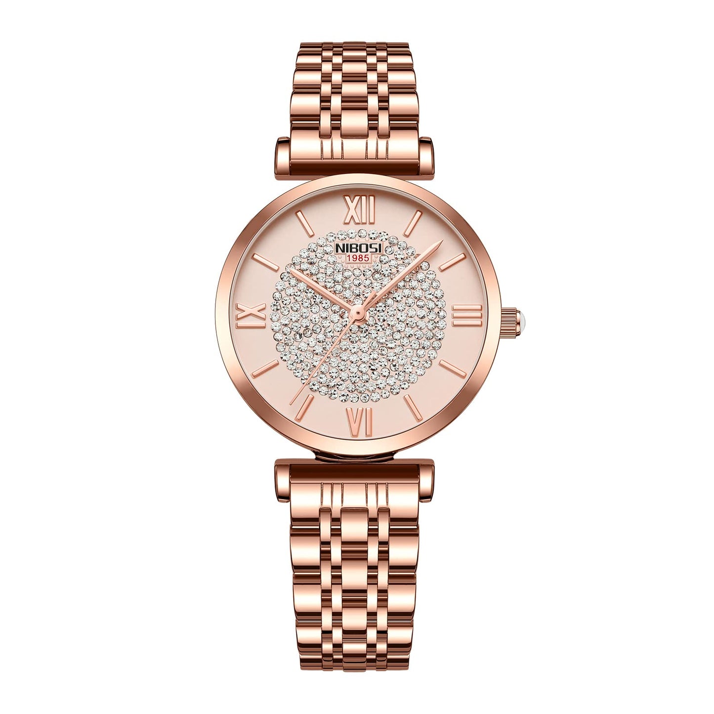 NIBOSI Stainless Steel Women's Analogue Wrist Watch - Rose Gold Dial With Stylish Diamond Studded Design for Girls, Ladies & Miss