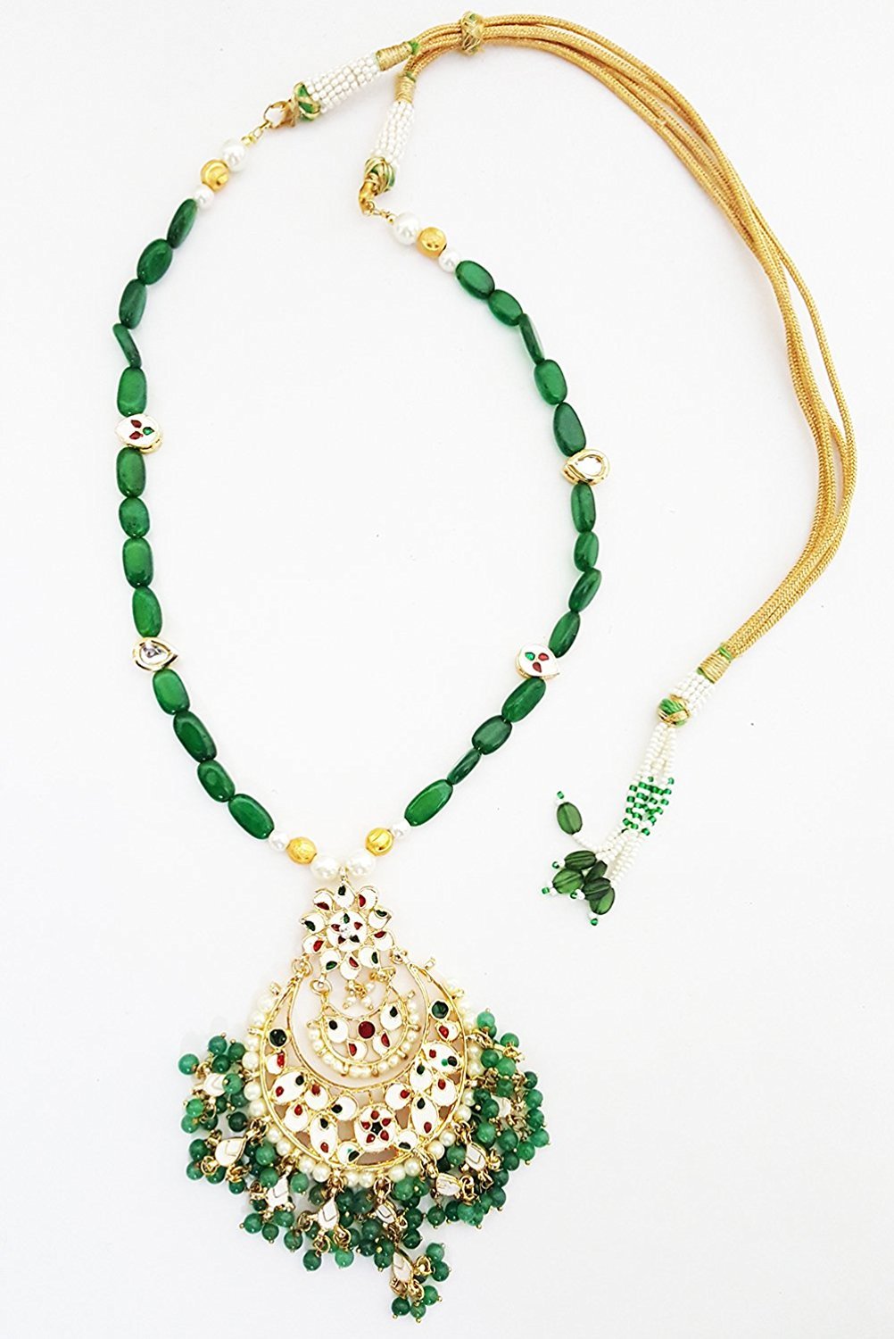 Mehrunnisa Gold Tone Kundan & Green Pearls Pendant Necklace Earrings Set With Simulated Emeralds & Free Kan Chain For Women (JWL1761)