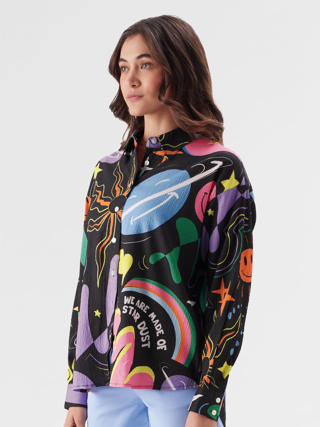The Souled Store TSS Originals: Space Ace Women and Girls Short Sleeve Black All Over Print Button Down Boyfriend Shirts Oversized Shirts for Women Boyfriend Drop Shoulder Cotton Casual Half Sleeves