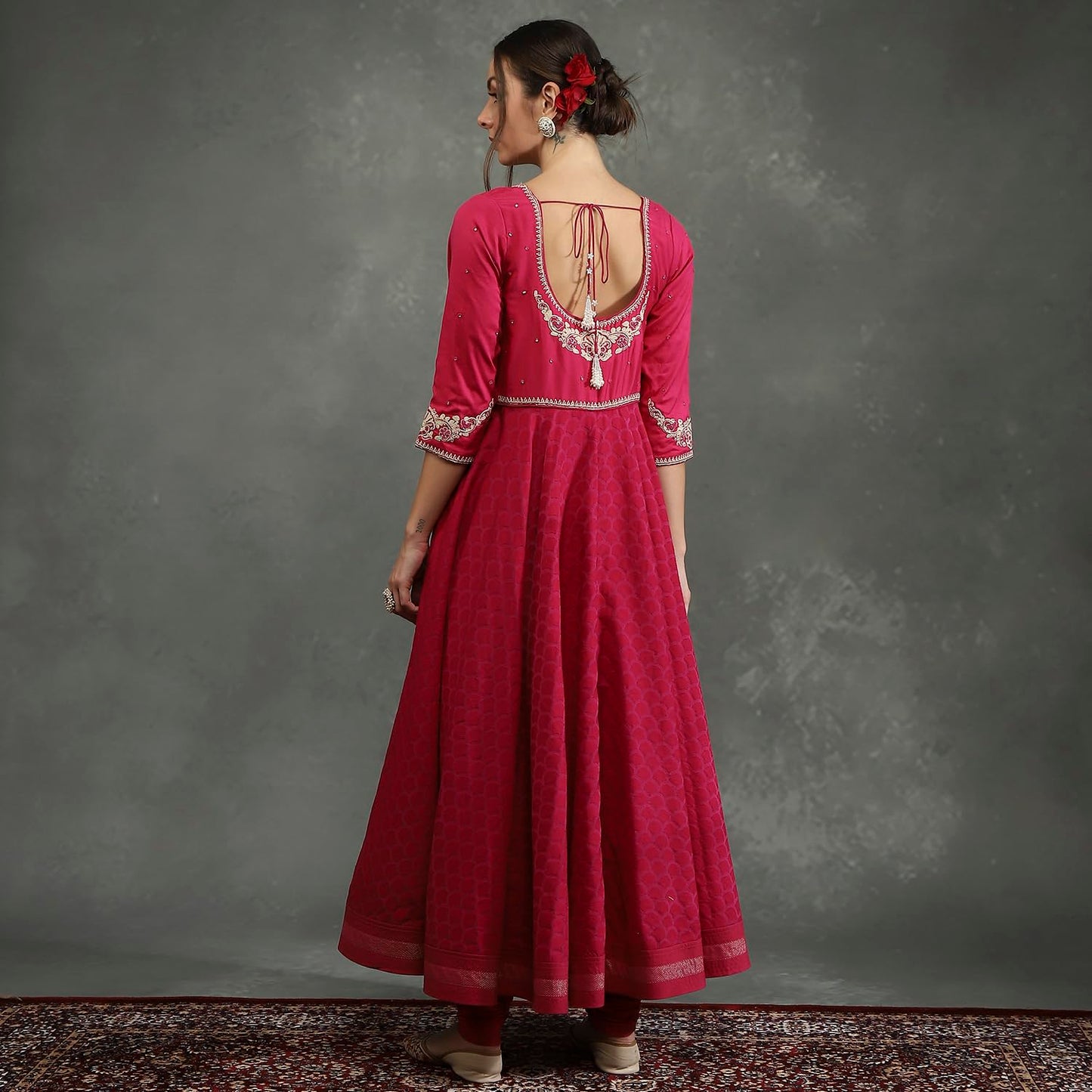 BIBA Women's Silk Chanderi Kurta Sets (CKD10745AW24FUS_Pink