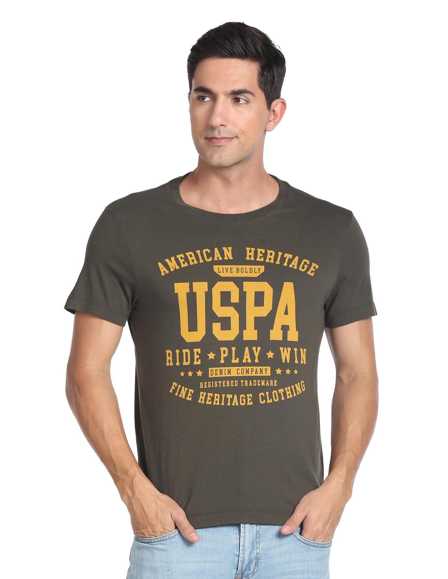 U.S. POLO ASSN. Mens Muscle FIT Half Sleeve Round Neck T-Shirts (UDTSHS0416_Olive_L)