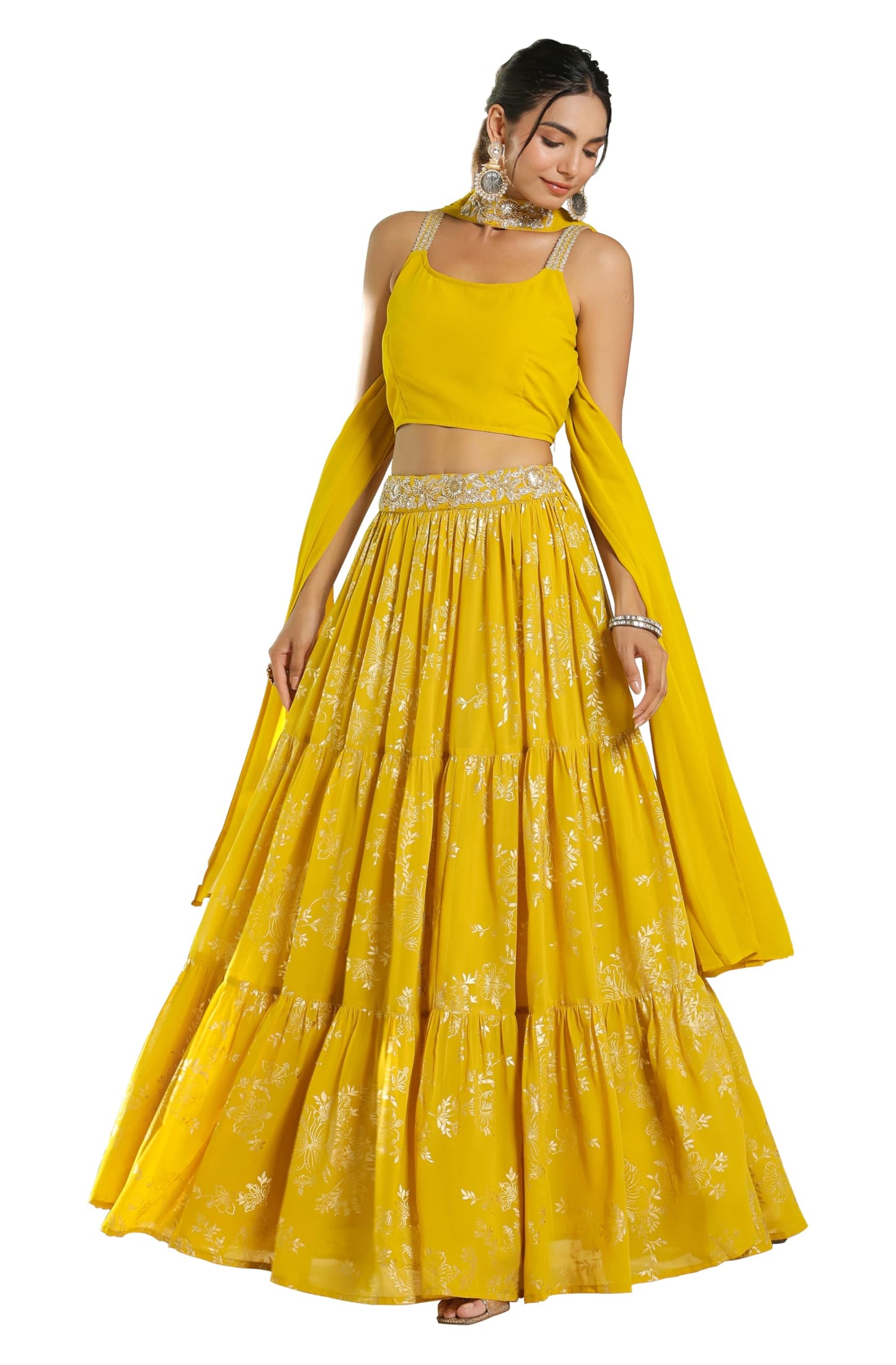 Janasya Women's Yellow Georgette Embellished Foil Printed Tiered Lehenga Choli Set (JAB24LC00481-A-XXL)