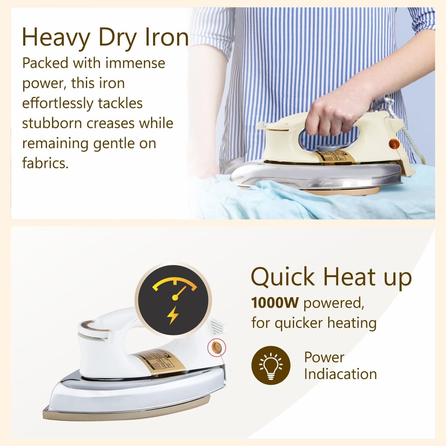 Rico 1000W 2KG Heavy Weight Dry Iron With 2 Years Replacement Warranty | Japanese Quick Heat Technology with Advance Sole Plate Iron Press | Shock Proof Iron Box for Clothes | Made In India - AI13