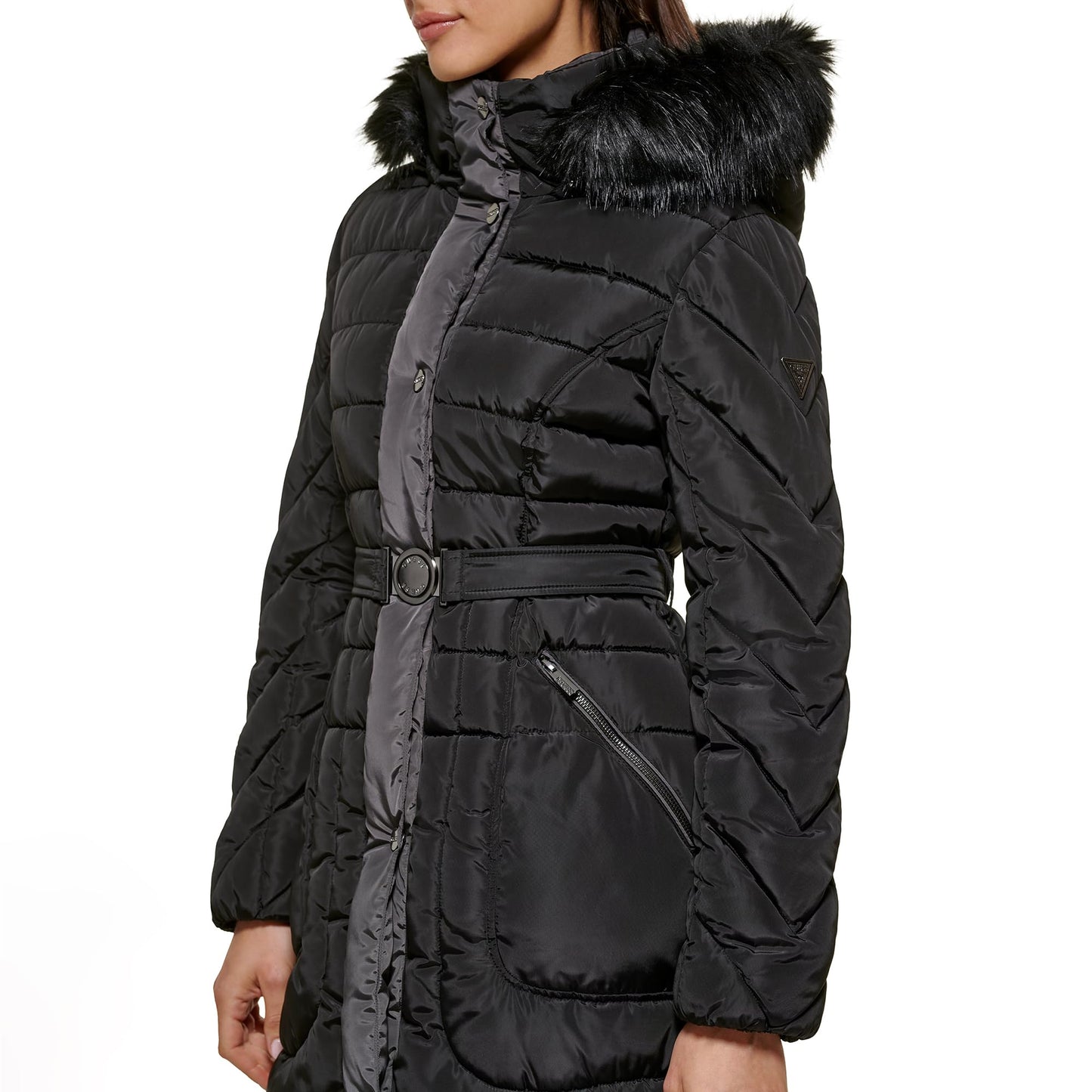 GUESS Women's Belted Hooded Cold Weather Coat, Black, L