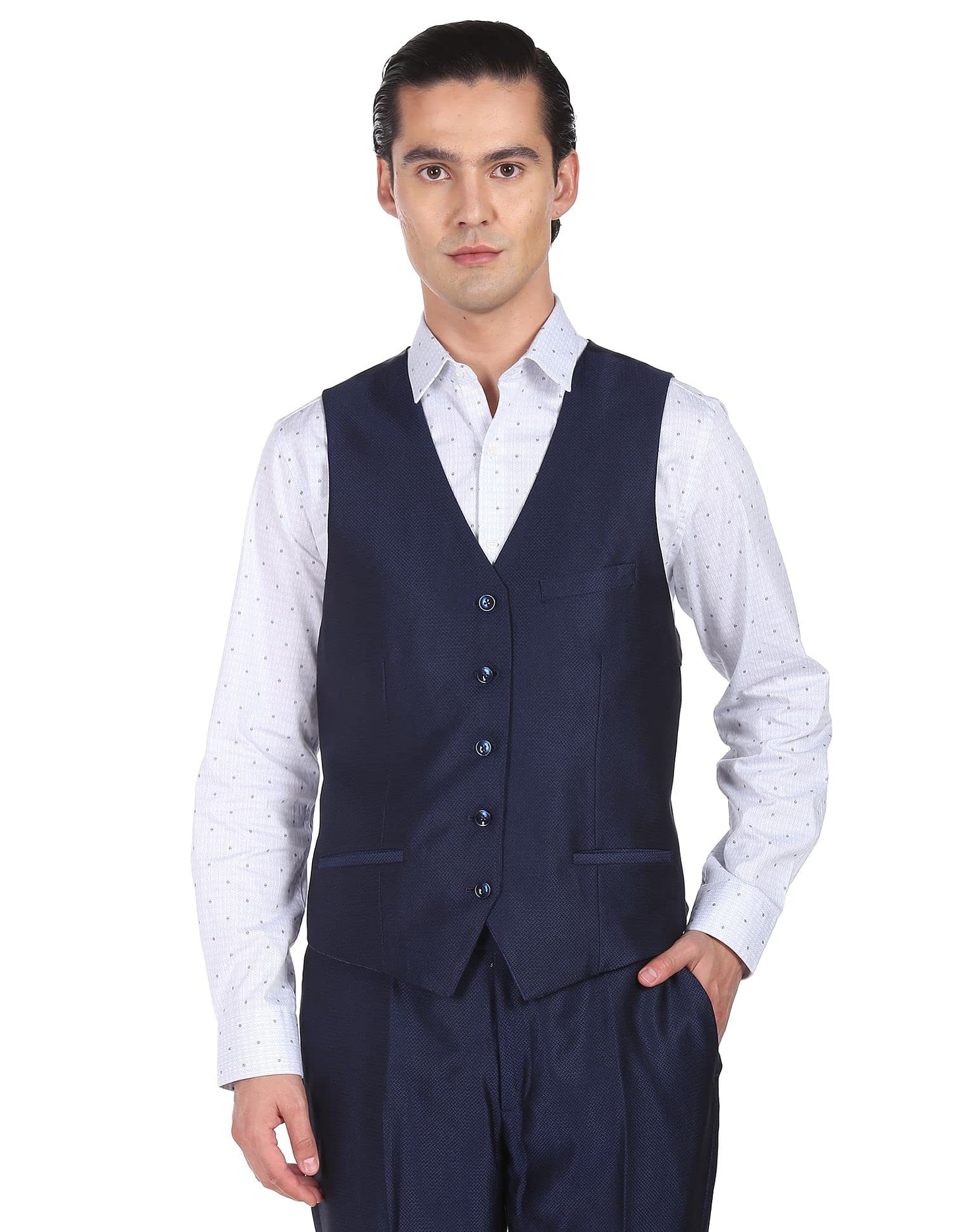 Arrow Men Navy Tailored Regular Fit Solid Three Piece Suit