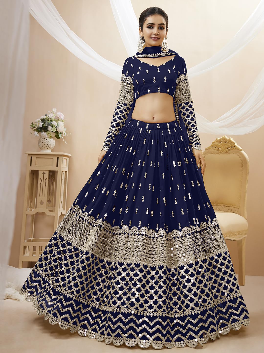 Zeel Clothing Women's Sequins Zari Embroidered Georgette Semi-stitched Lehenga Choli with Dupatta (307-NavyBlue-Wedding-Bridal-Latest-New; Free Size) (Blue)