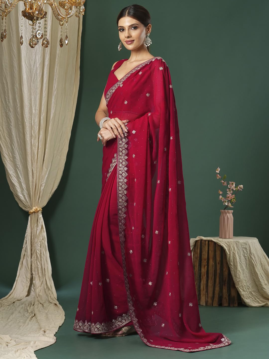 SAREE MALL Women's Pink Georgette Embroidered Saree With Unstitched Blouse (JAYSHREE5001_JS)