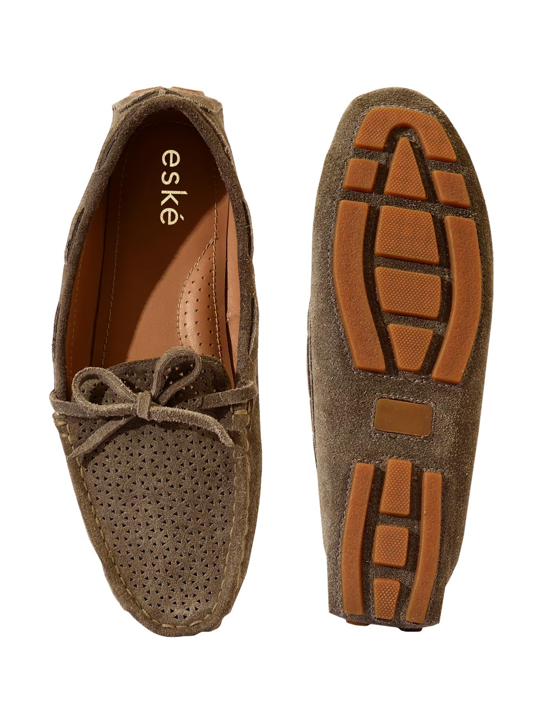 eske Kathe, the Moccasin | Suede Leather Loafers for Women with Laser-Cut Design | Leather Insole | Slip-On Casual Flats with TPR Sole (Khaki, UK Footwear Size System, Adult, Women, Numeric, Medium, 7)