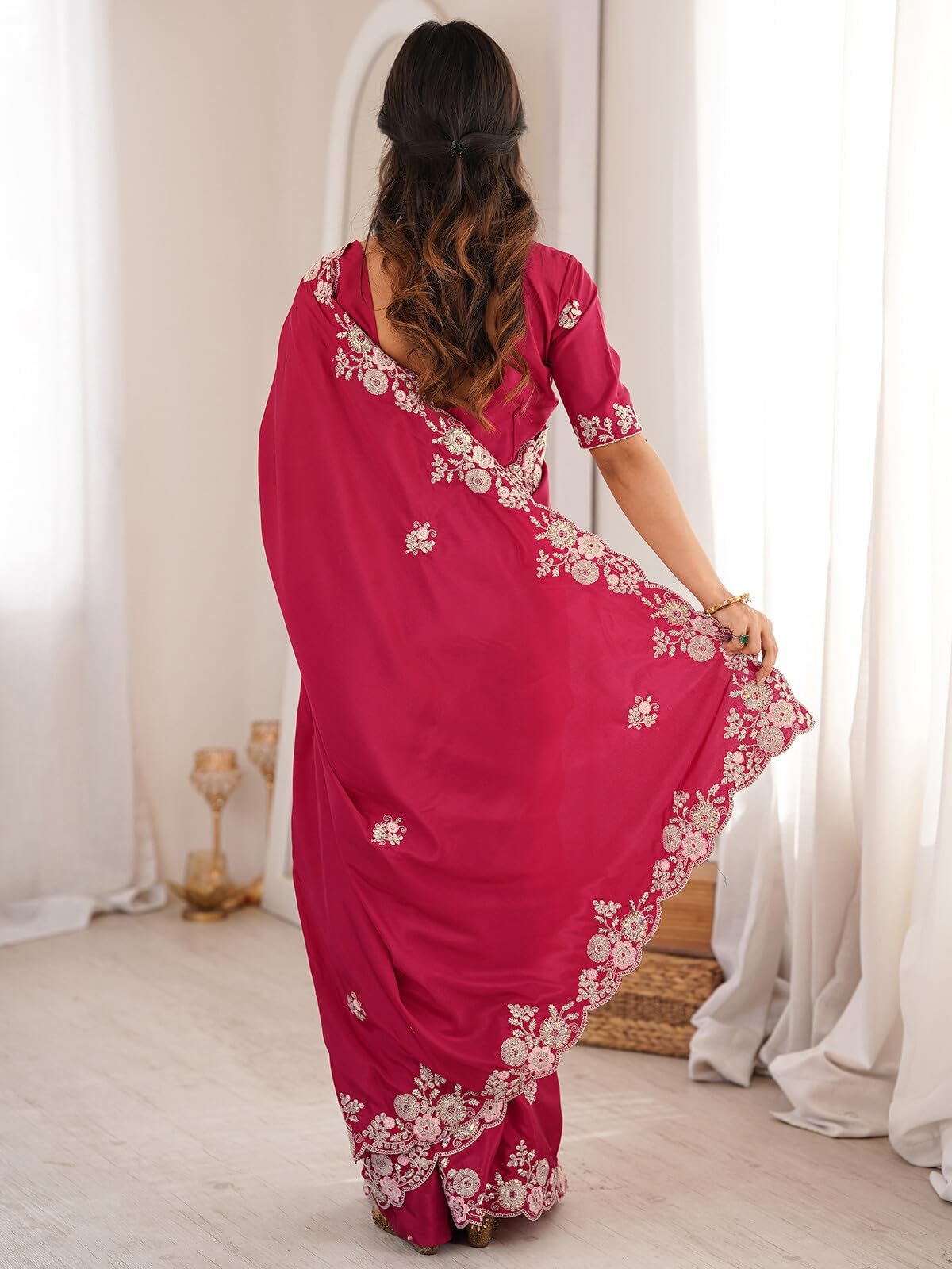 SIRIL Women's Crepe Silk Scalloped Border Sequin Embroidery Saree with Unstitched Blouse Piece (5301S7421_Cherry Red)