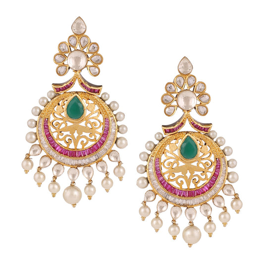 Swasti Jewels Bollywood style Colourful Pearls Chand Bali Earrings for Women