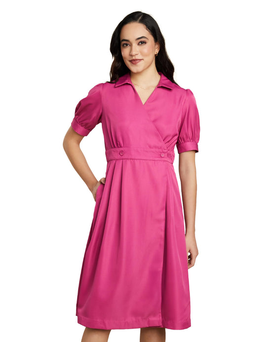 Symbol Premium Women's 'Desk-to-Dinner' Fit & Flare Wrap Dress (Midi Length | Stylish) (SBP-SS24-WDR-607_Magenta Pink_XL)