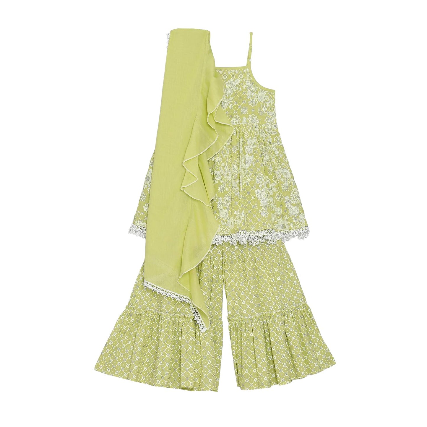 BIBA Girls PRINTED GATHERED KID(KWWHITE BLOOMS5767_GREEN_9)