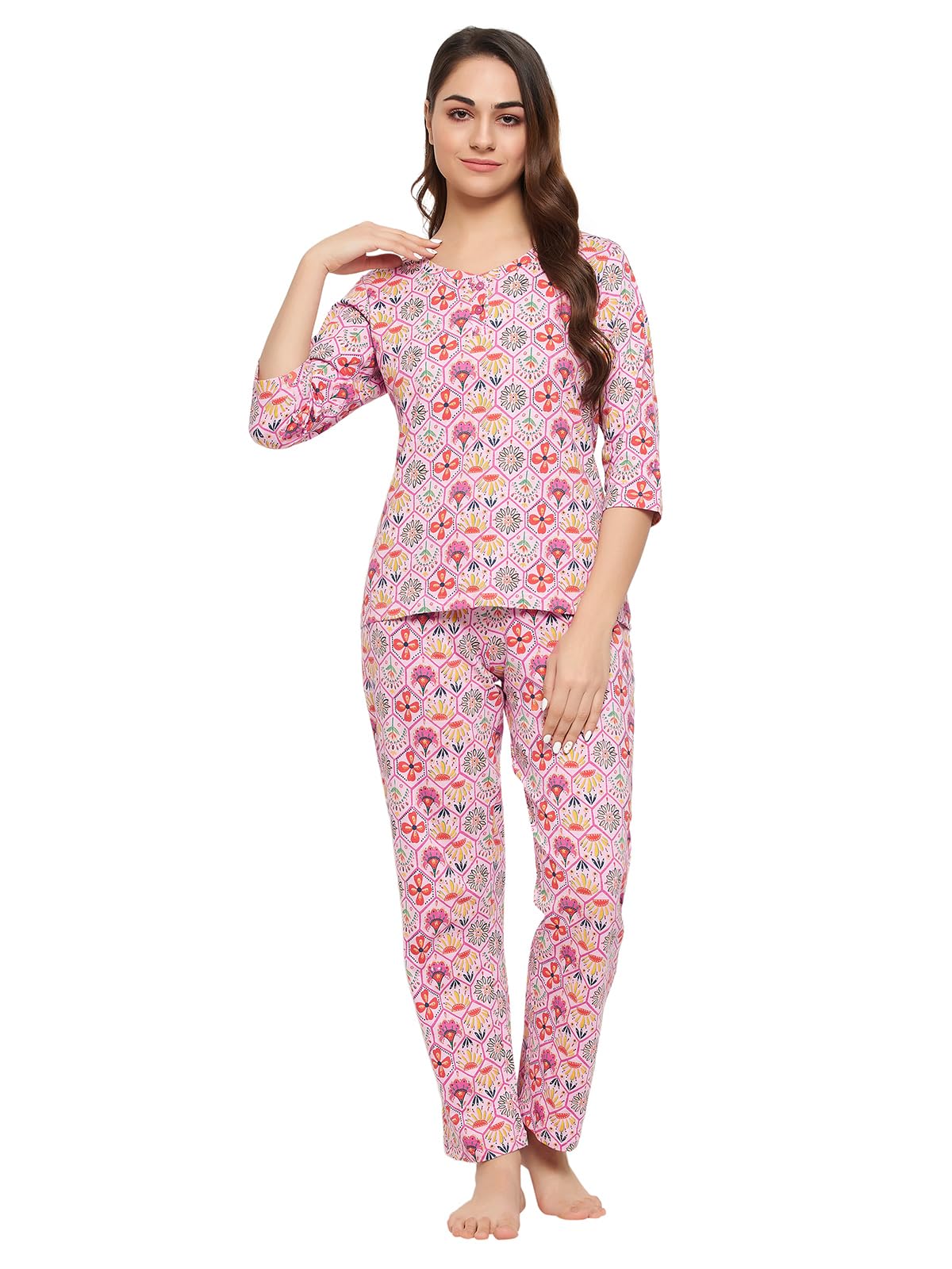 Clovia Women's Cotton Pretty Florals Print Top & Pyjama Set (LS0644P12_Purple_S)