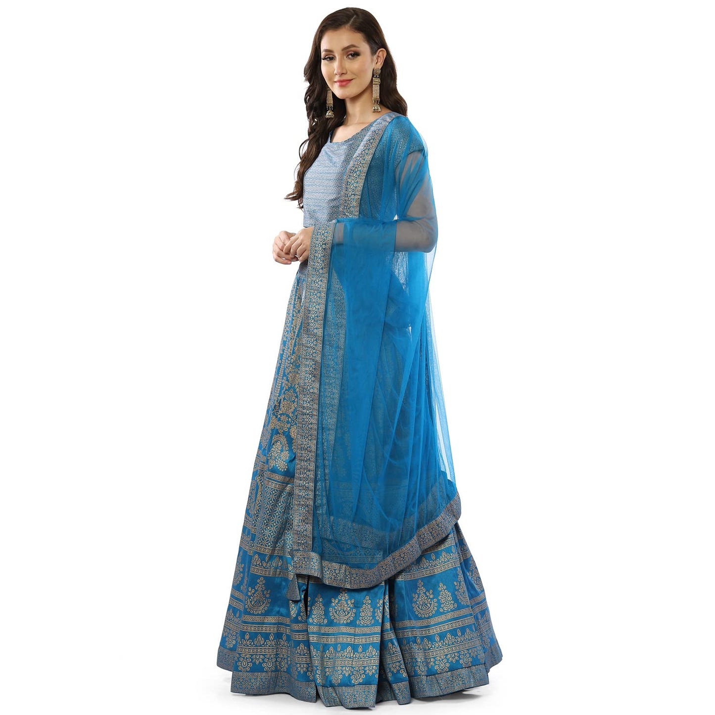 BIBA Women's Polyester Lehenga Set Readymade Printed Flared Salwar Kurta Dupatta(Skdfestive 8367_Turquoise_36)