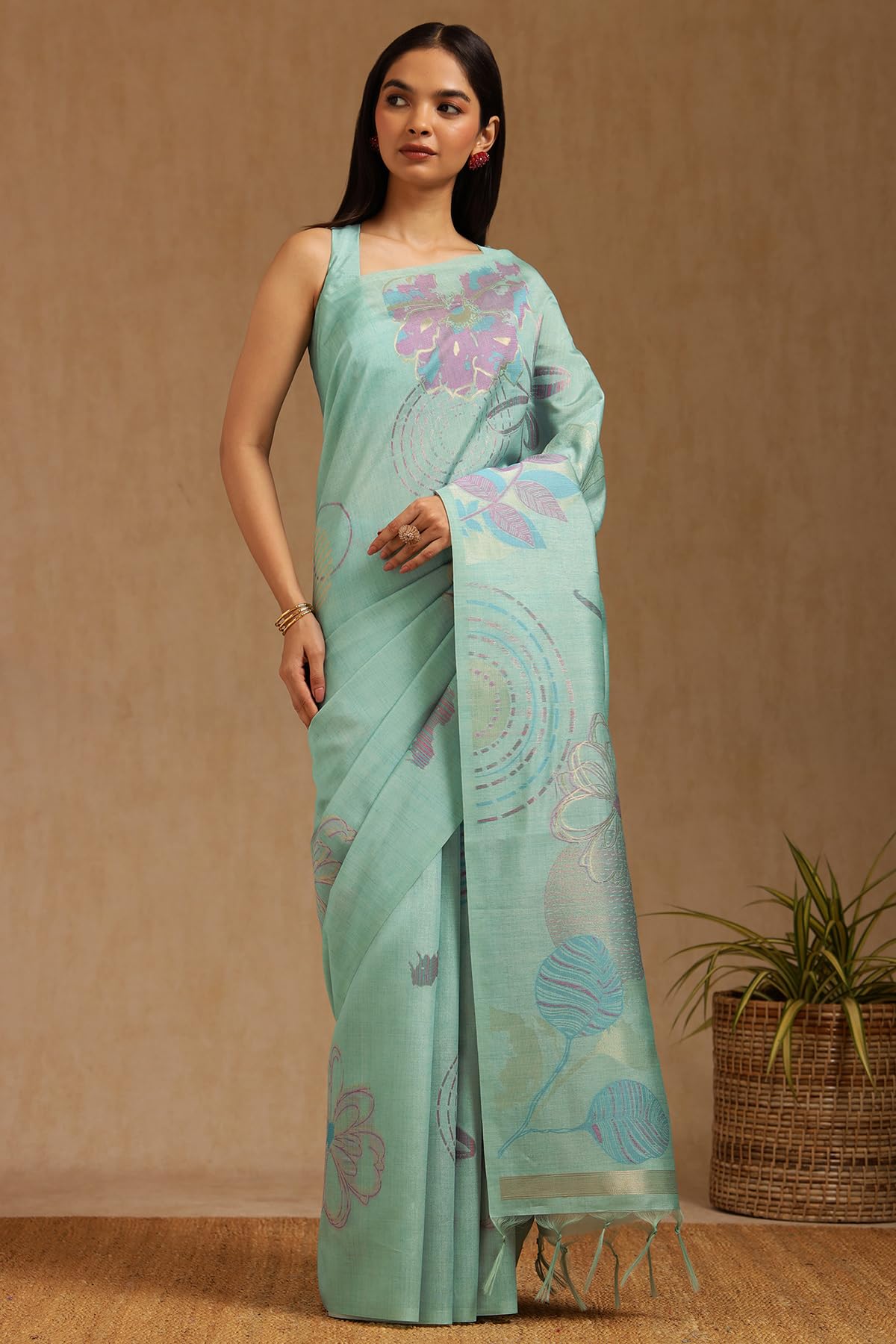 Soch Womens Turquoise Blue Tussar Woven Design Saree With Zari Woven
