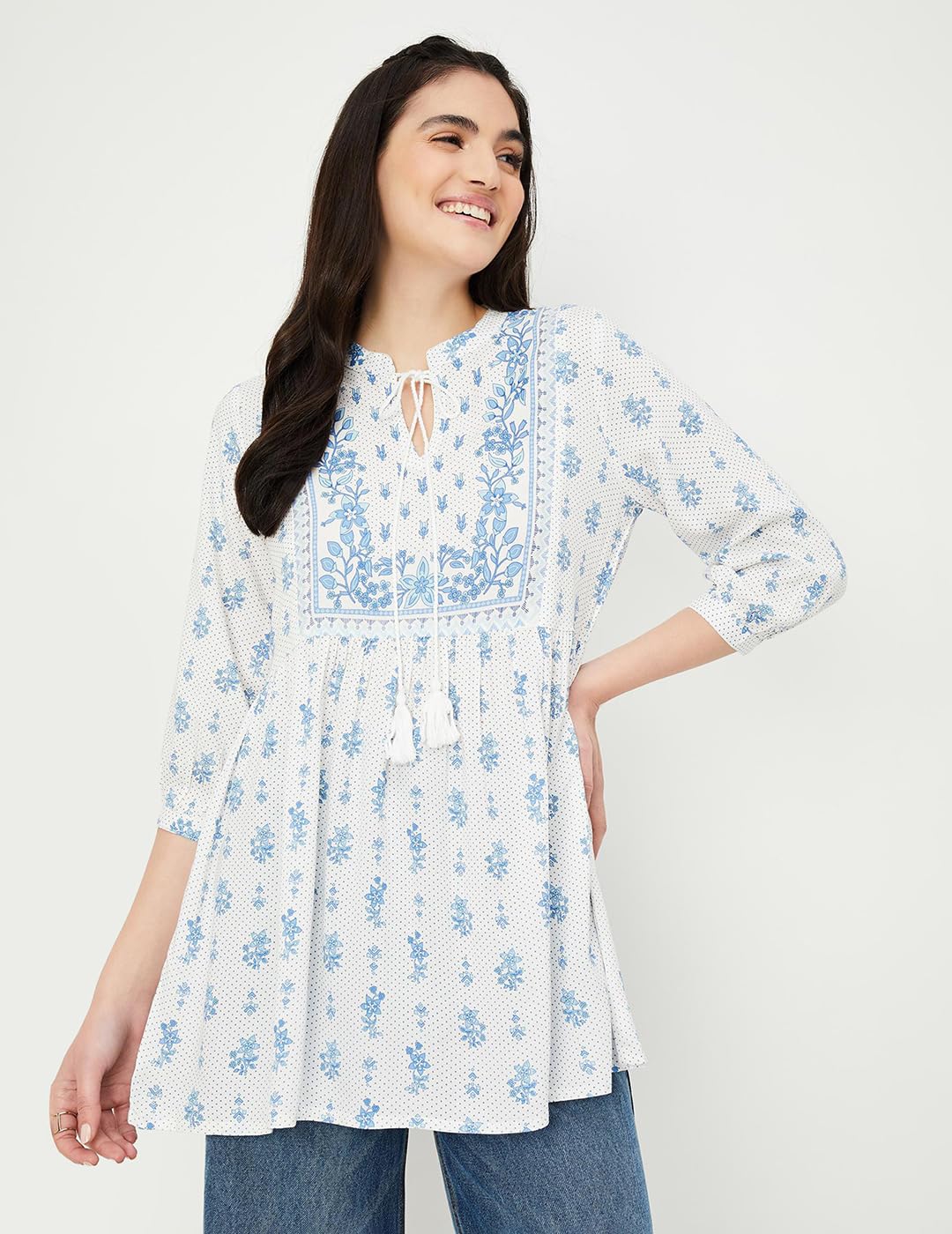 Max Women Printed Tie-Up Neck Tunic (INDIE41015OFF White)_L