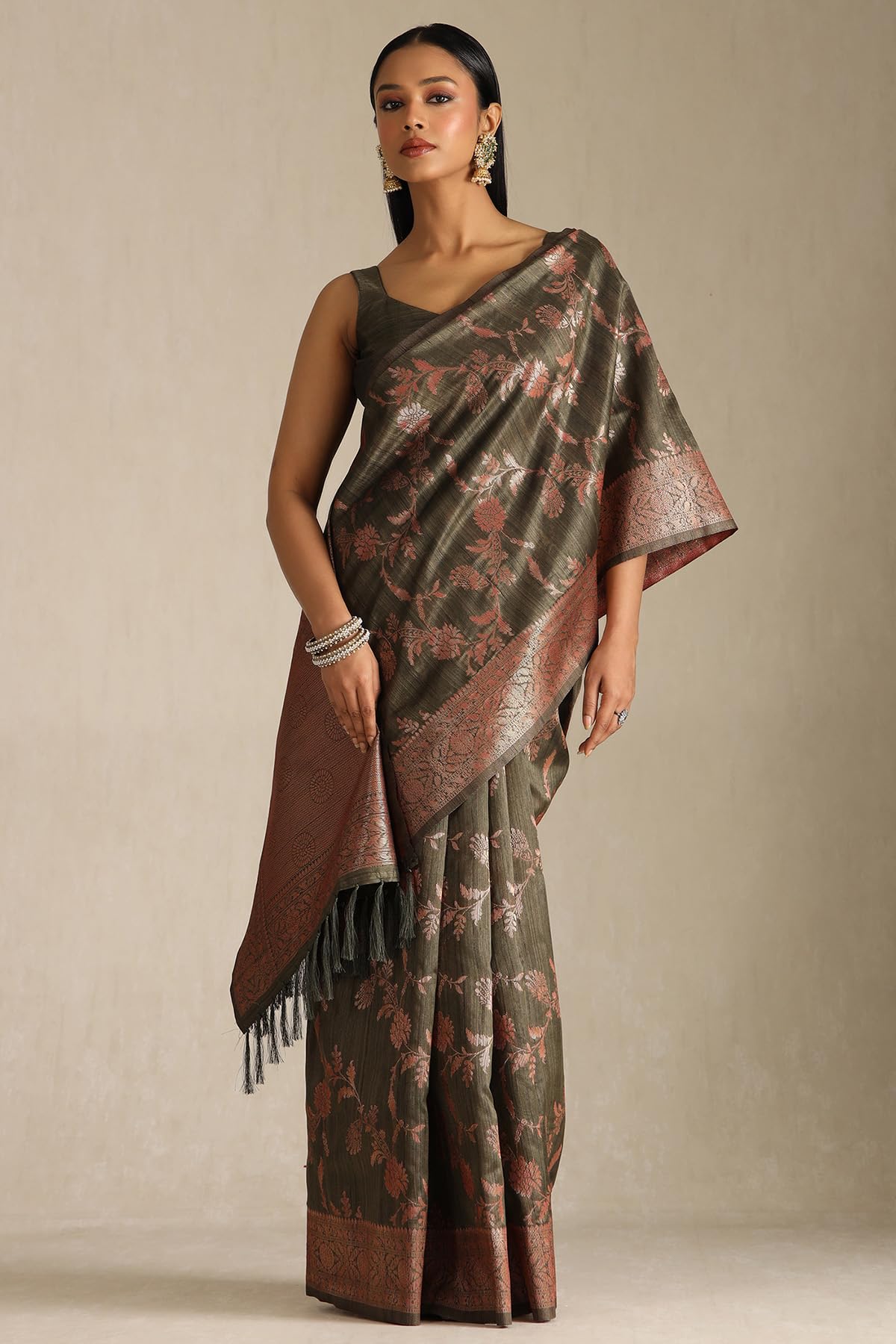 Soch Womens Olive Tussar Floral Print Saree With Zari Woven