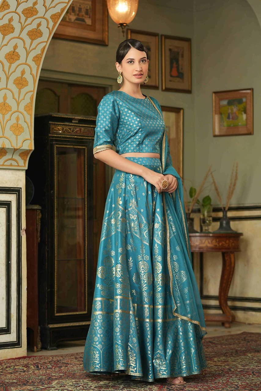 Juniper Women's Teal Santoon Slub Festive Foil Printed Straight Lehnga Choli Set -XXL