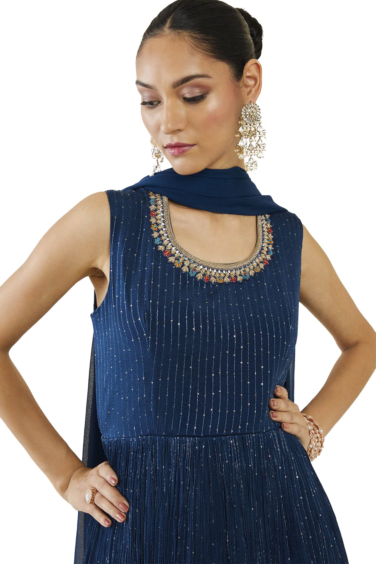 Soch Women Dark Blue Georgette Embroidered Gown (Dark Blue_XL)