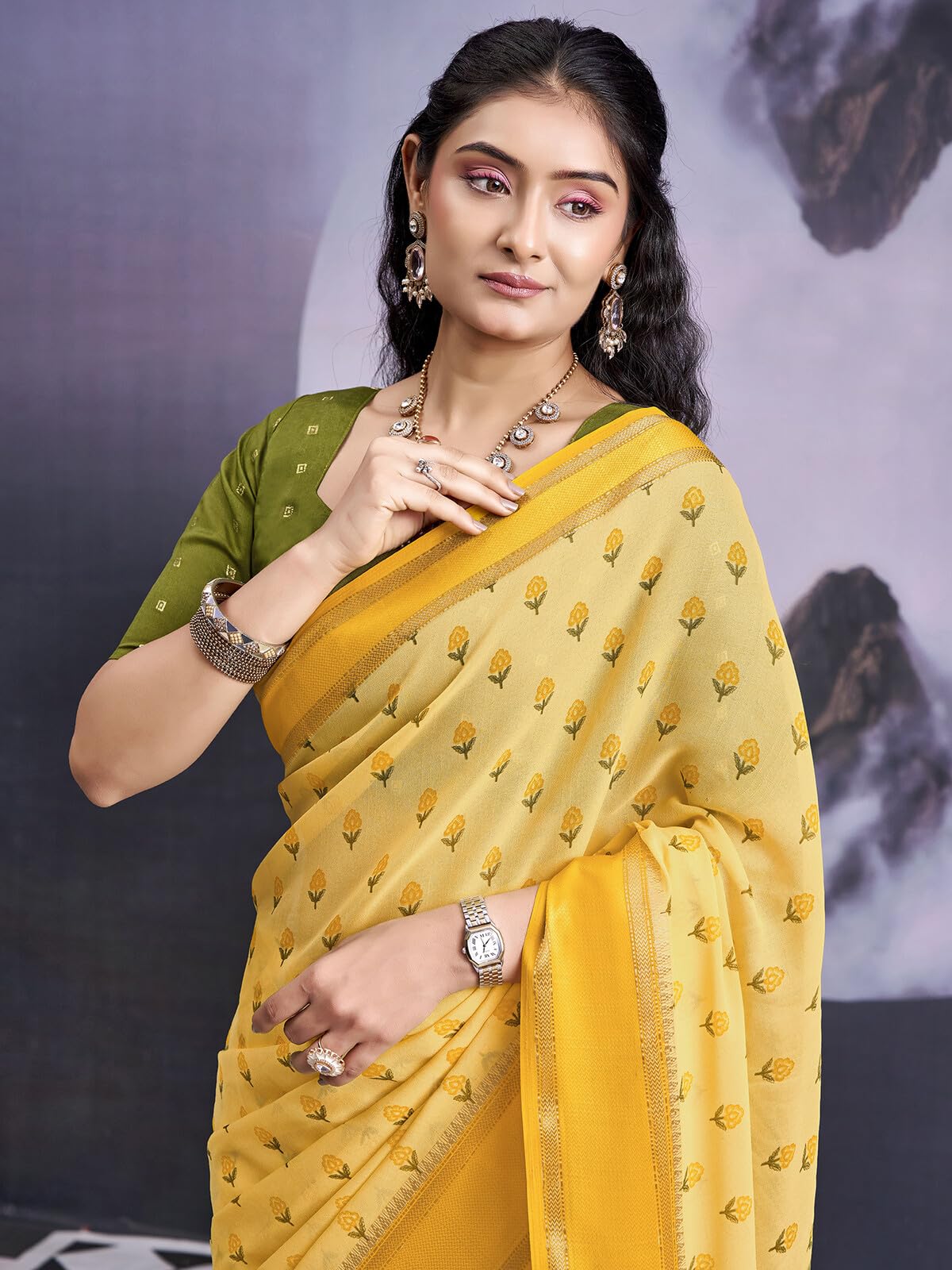 SIRIL Women's Georgette Jacquard Floral Printed Saree with Unstitched Blouse Piece (5334S1331_Light Yellow)
