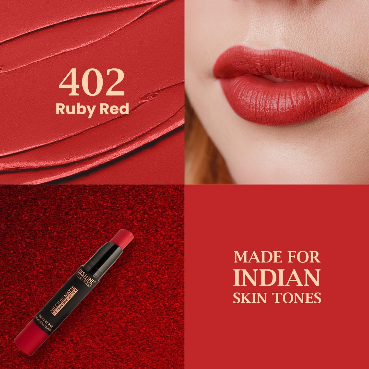 INSHINE Absolute Matte Lipstick - Long-lasting, Transfer-resistant, Velvety Matte Finish with Intense Color, Up to 12 Hours Wear | Perfect for Sophisticated Lips - RUBY RED