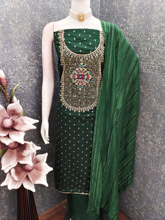 VARNI FABRICS Chinnon Dress Material for Women Digital Print Unstitched Woman Salwar Suit Dress Material With Chinnon Dupatta Deep Green