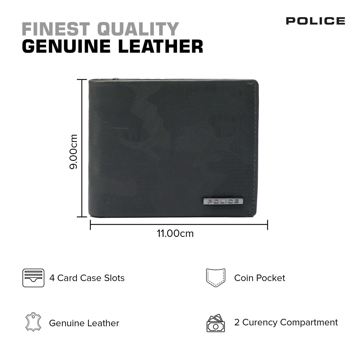 Police Men's Genuine Camou Leather Slim Wallet | 8 Card Slots with 2 Currency Compartments | Elegant, Durable & Functional | Ideal for Everyday Use & Gifting I Jet Black