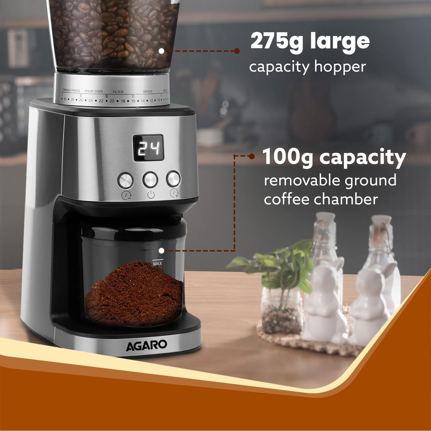 AGARO Stainless Steel Supreme Coffee Grinder,Conical Burr Grinder,31 Grinding Settings,Pulse Mode,Adjustable Digital Timer,Single Dose Grinder For Espresso Filter Dripper Moca,Espresso,Silver