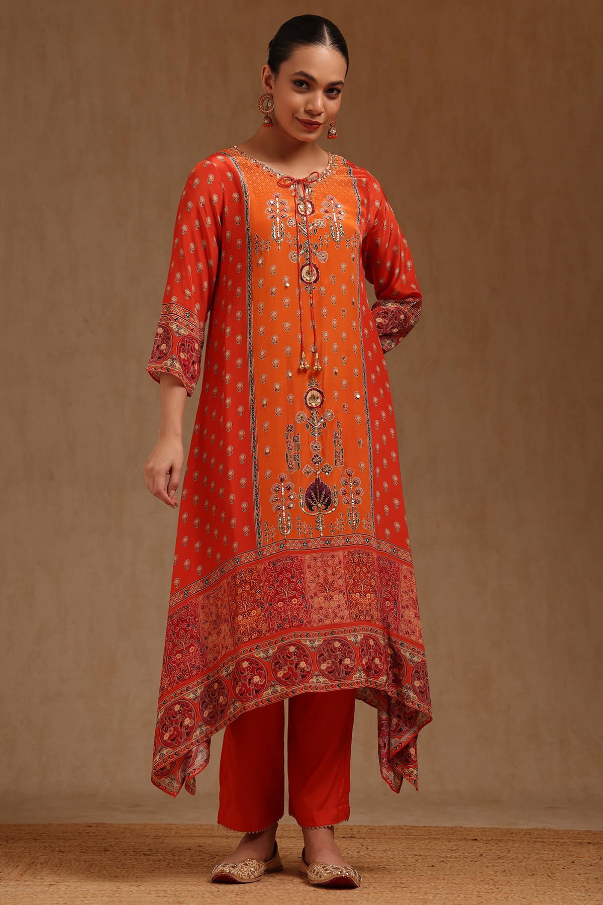 Soch Womens Orange Crepe Floral Print Suit Set With Sequins