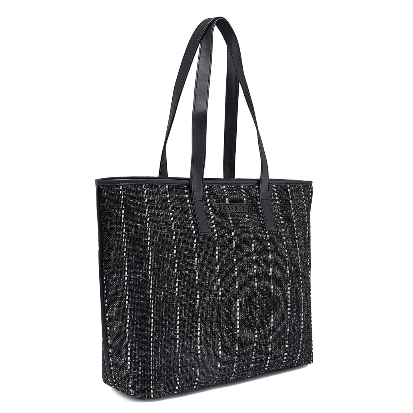 Caprese Evana Tote Medium Black Poly Canvas Striped