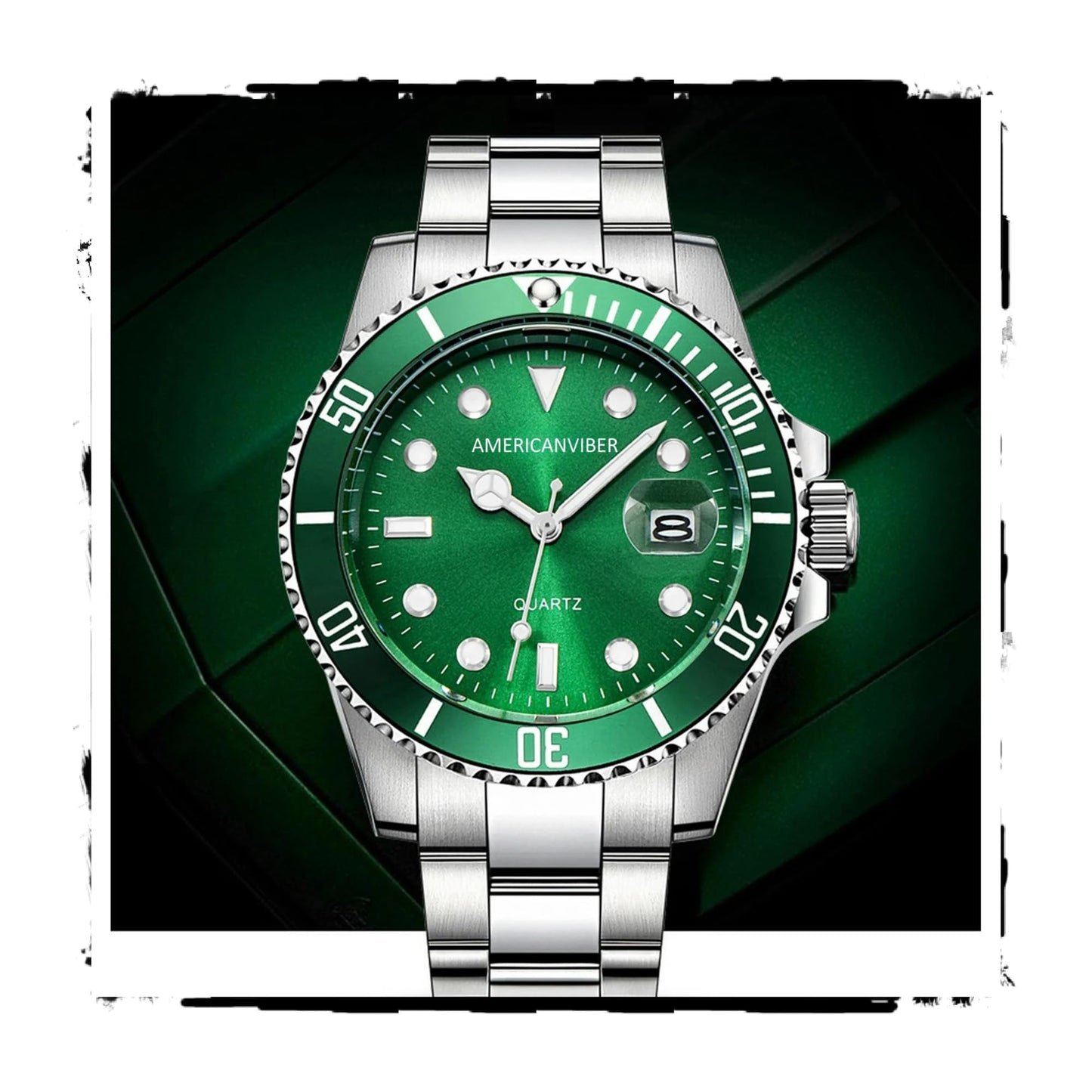 AMERICANVIBER Luxury Diver Watch with Green Dial, Stainless Steel Band, Date Display, Quartz Movement (Green)