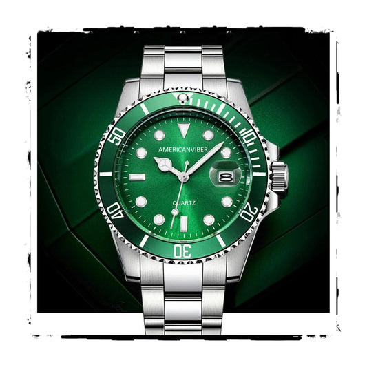 AMERICANVIBER Luxury Diver Watch with Green Dial, Stainless Steel Band, Date Display, Quartz Movement (Green)