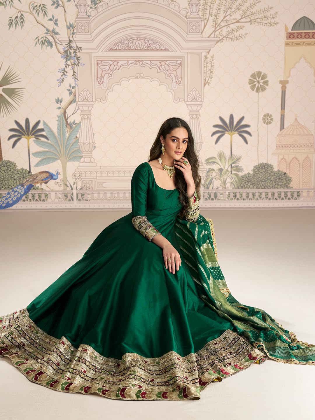 Green Vichitra Silk Sequins and Thread Zari Embroidery Work Gown with Banarasi Jacquard Dupatta (in, Alpha, L, Regular)