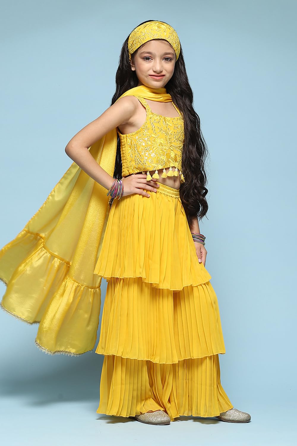 BIBA Polyester Girls Solid; Embroidred Short Kurta Set Kid(Kw5444_Yellow_11)