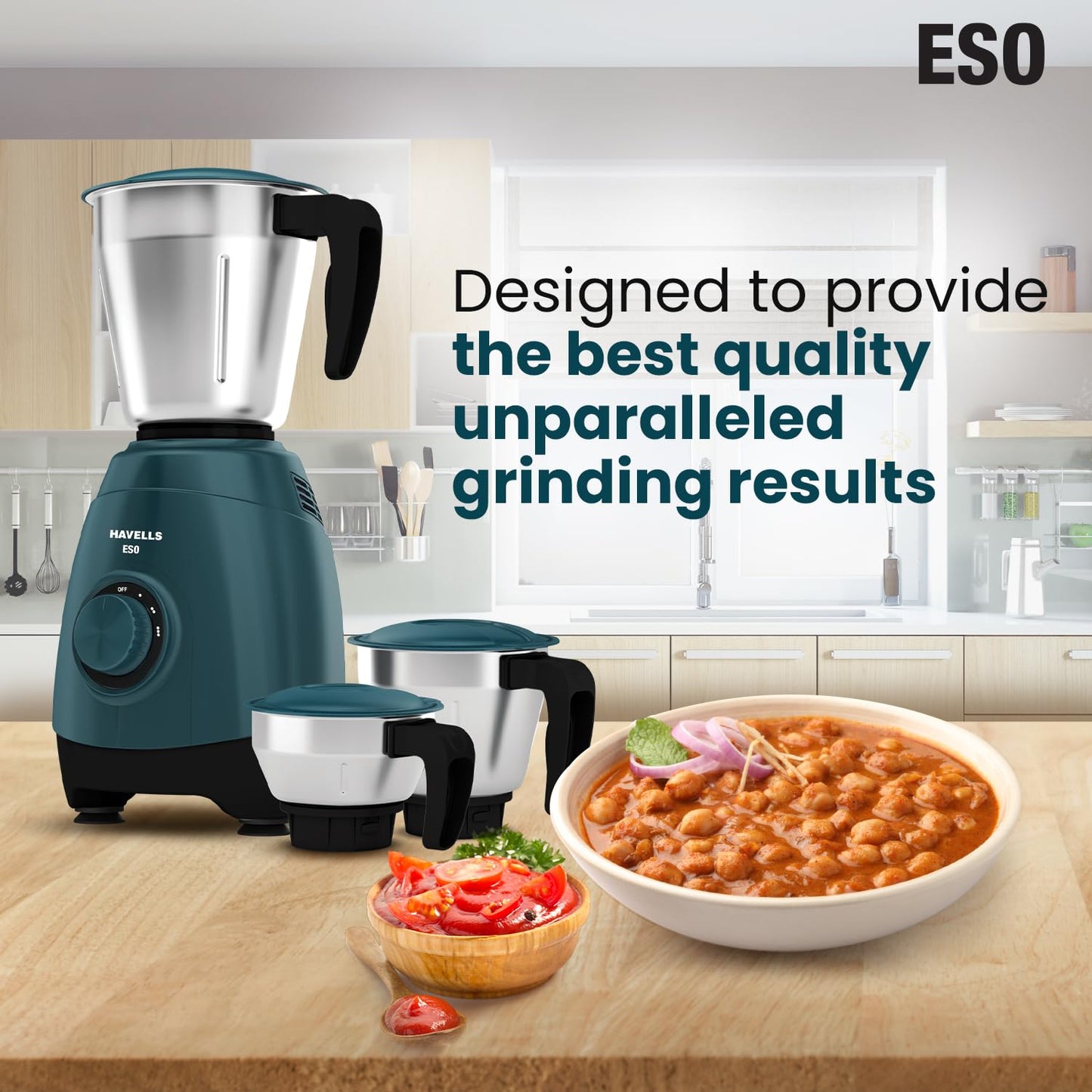 Havells ESO 750 Watt Mixer Grinder | 3 Stainless Steel Jars with Handles | 304 Rust-Resistant SS Blades | 21000 RPM High-Speed Motor | 5-Year Motor Warranty | Heavy-Duty Mixie (Teal)