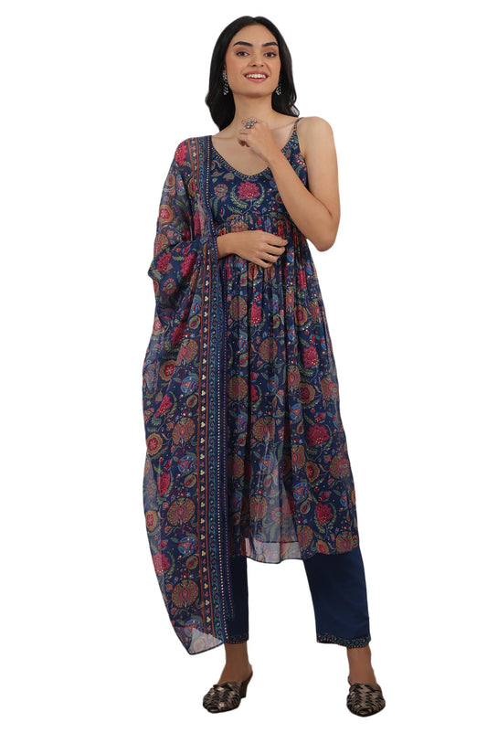 W for Woman Blue Floral Printed Chiffon Spaghetti Gathered Kurta, Pants and Dupatta Set (Size: L)-WS12126-123945