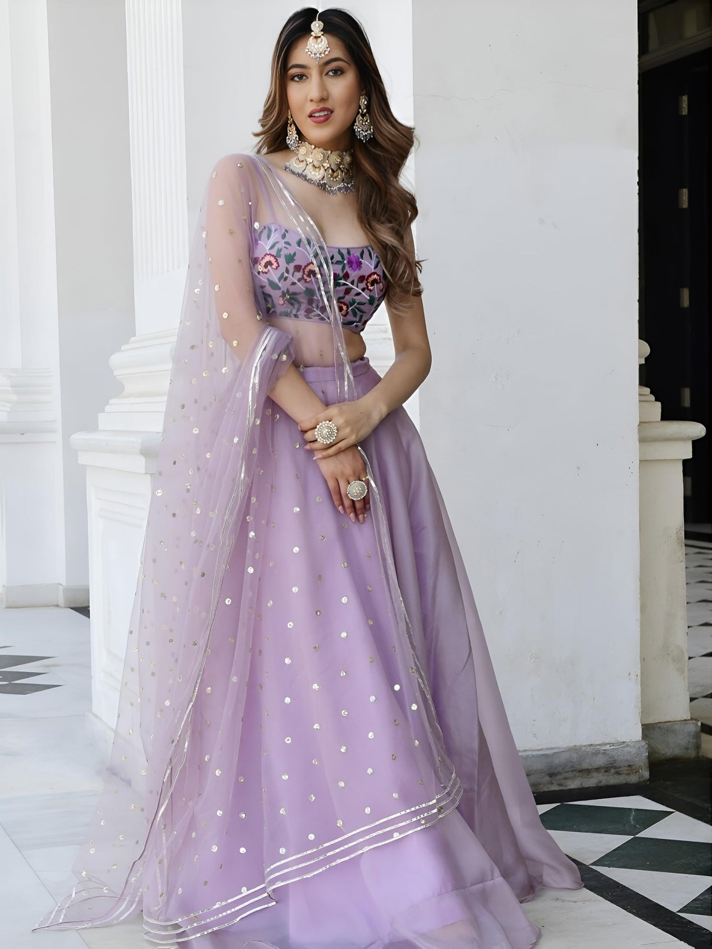 Zeel Clothing Women's Multi Thread Embroidered Organza Net Semi-Stitched Lehenga Choli With Dupatta (5065-Lavender-Wedding-Stylish-Latest; Free Size)