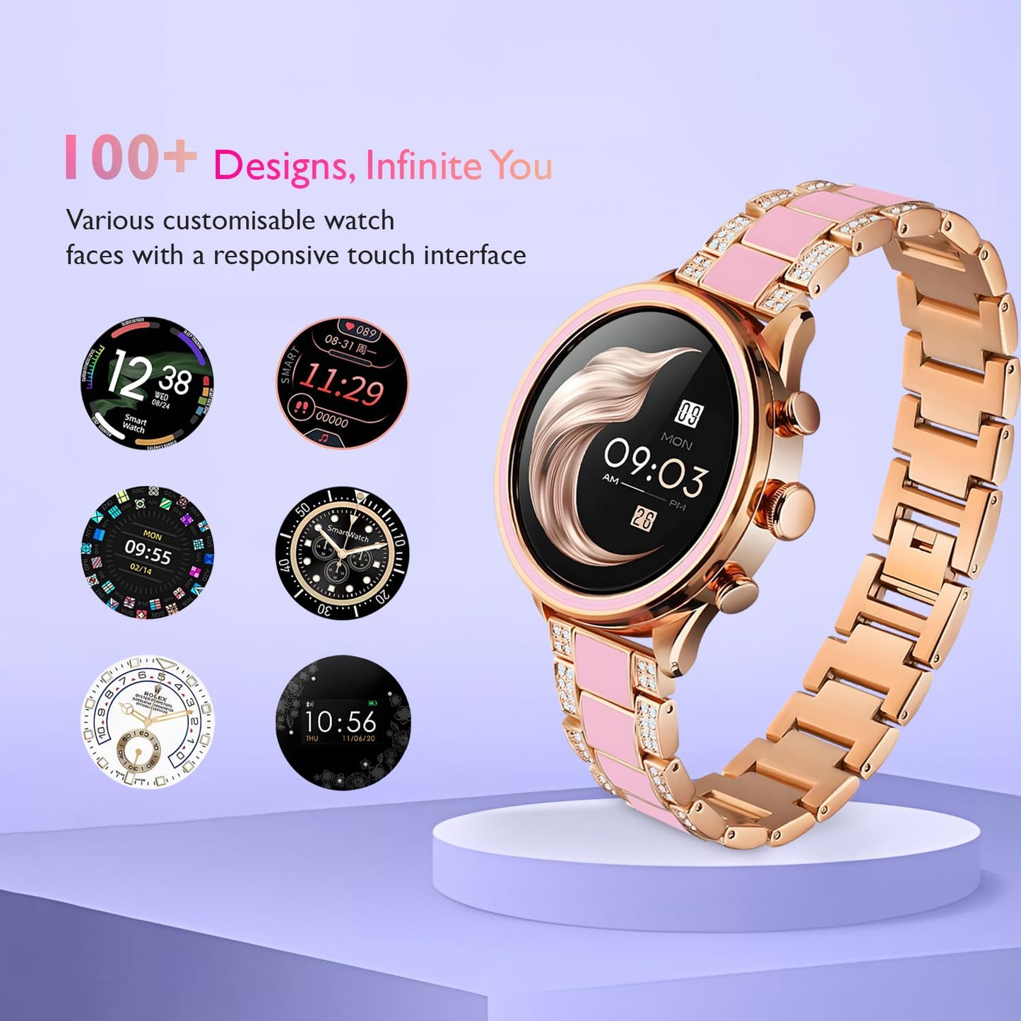 GameSir PF-11 Newly Launched Smartwatch with Metal Strap Health Monitoring, Activity Tracker, HD Display, Bluetooth Callling Watch, Luxury & Round Dial Smart Watch for Women & Girls-Rose Gold
